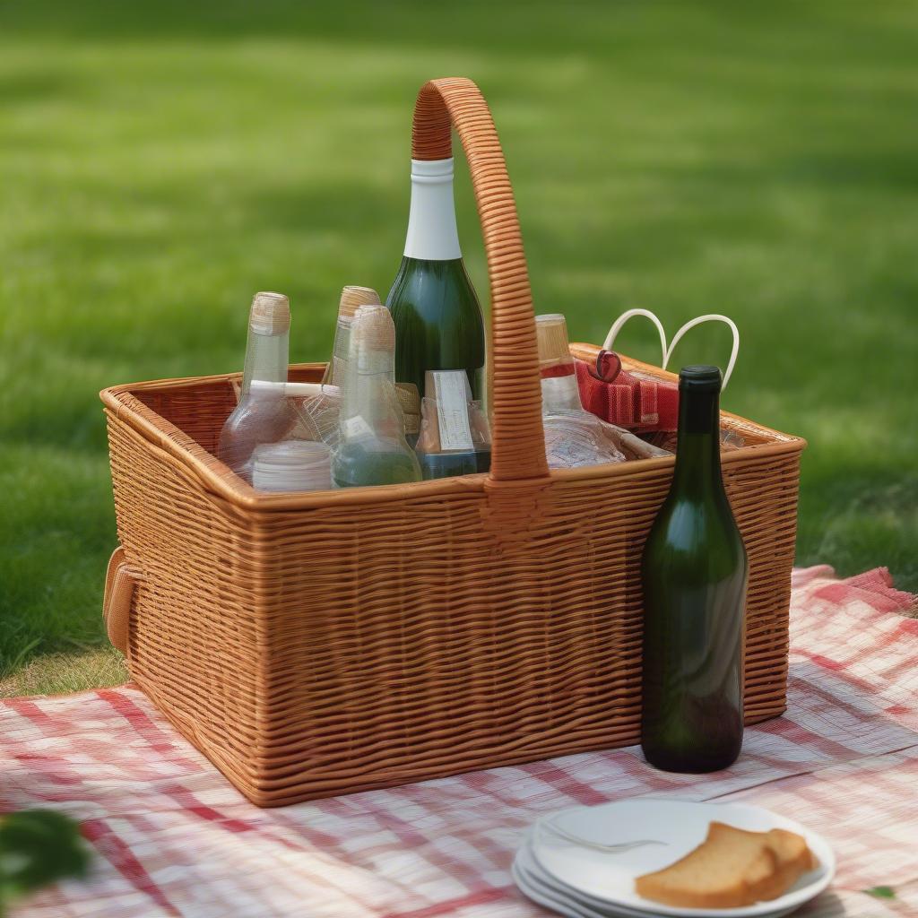 Wicker picnic basket with bottle holder in an outdoor setting