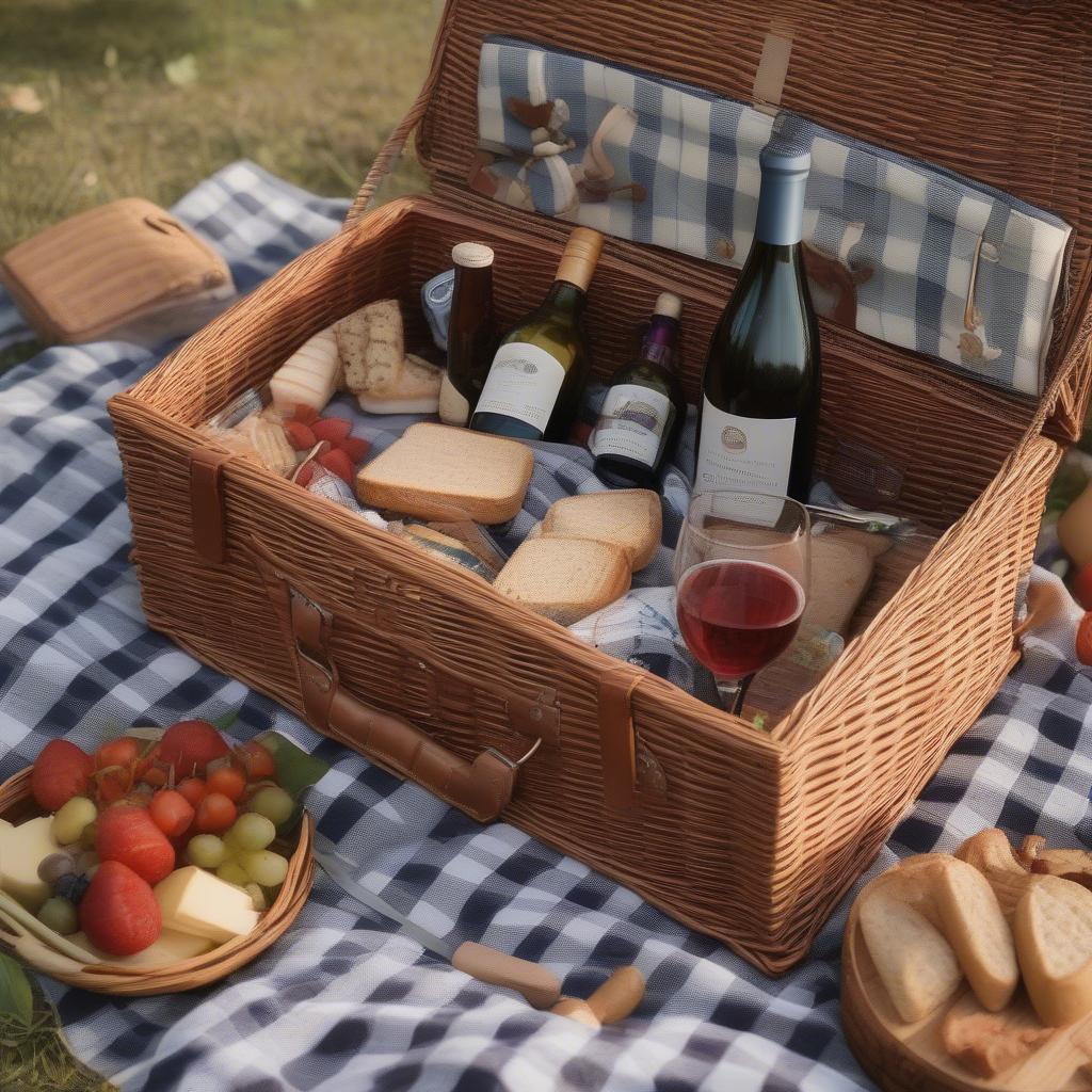 Wicker picnic basket with wine, food, and accessories