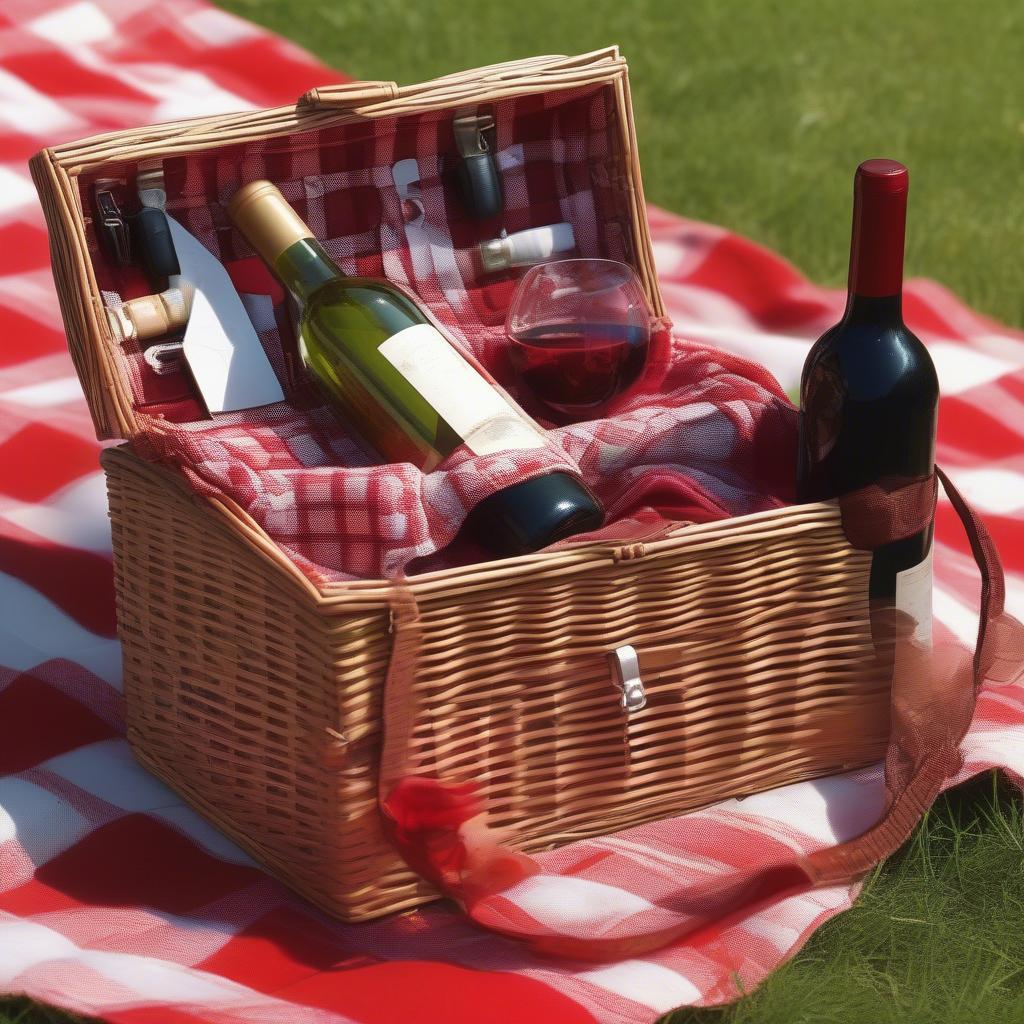 Wicker picnic basket with wine bottle holder placed on a checkered blanket during a sunny outdoor picnic, showcasing its functionality and aesthetic appeal.