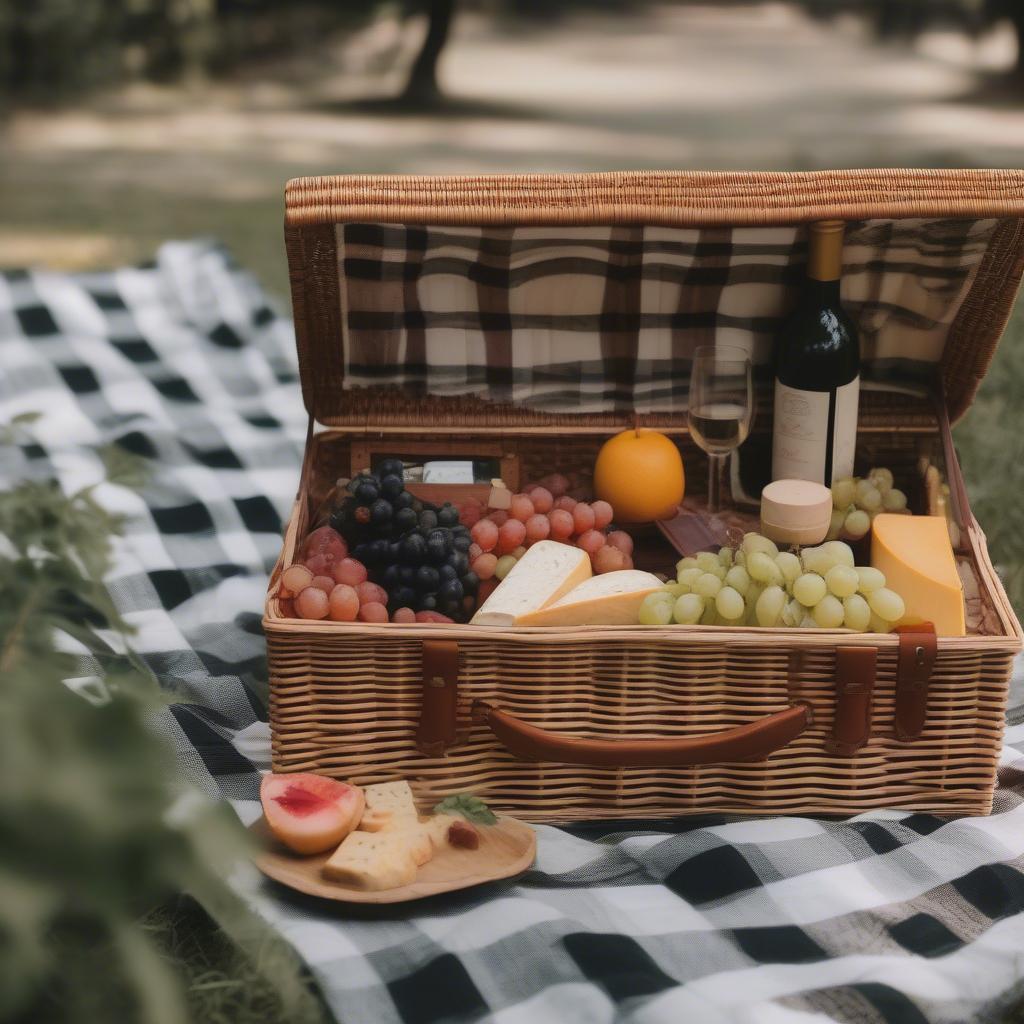 Wicker picnic basket with wine holder in a picturesque outdoor setting