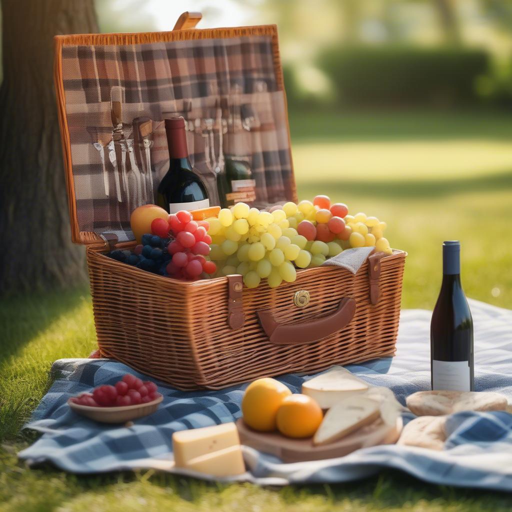 Wicker Picnic Basket with Wine Holder in an Outdoor Setting