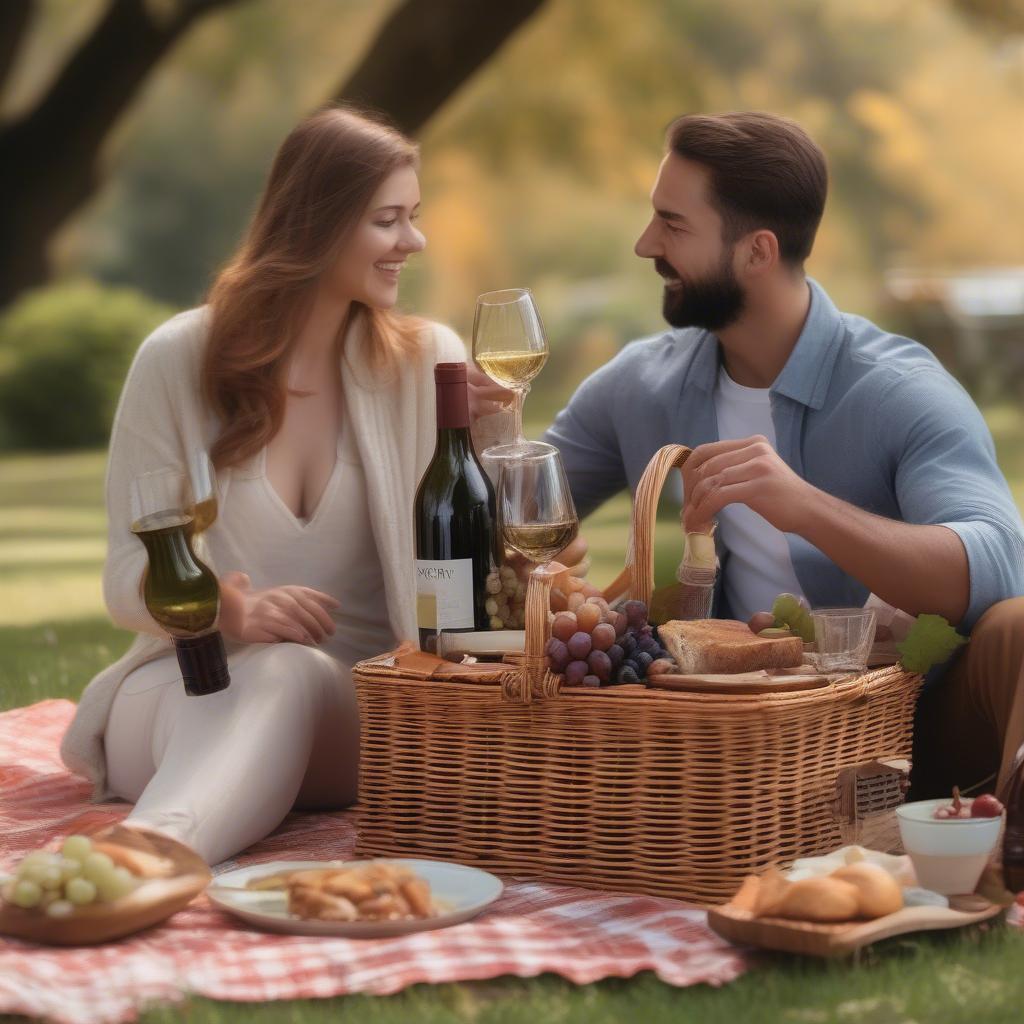 Enjoying a Picnic with a Wicker Basket and Wine Holder