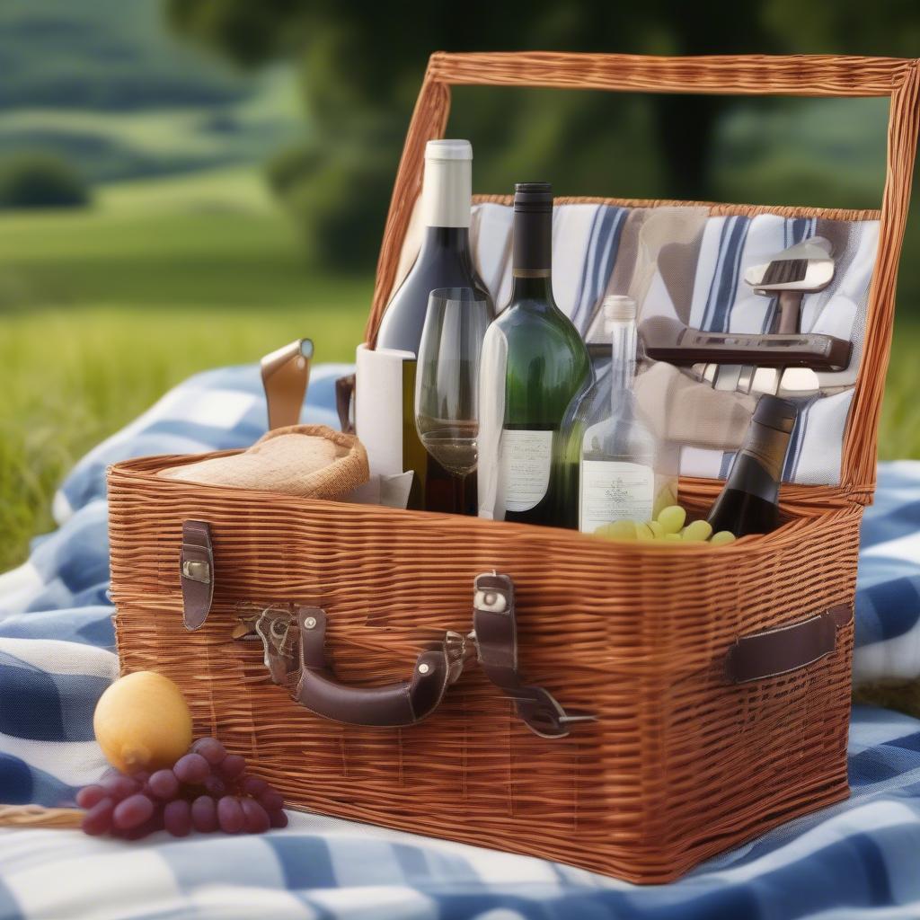 A wicker picnic basket with a built-in wine bottle holder placed on a picnic blanket in a scenic outdoor setting.