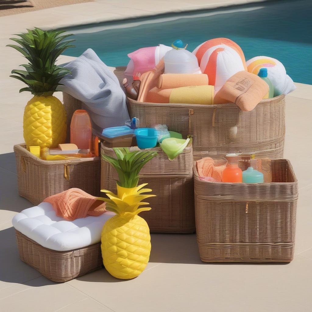 Various wicker pineapple storage baskets used for different purposes around the pool area: towels, toys, and sunscreen.