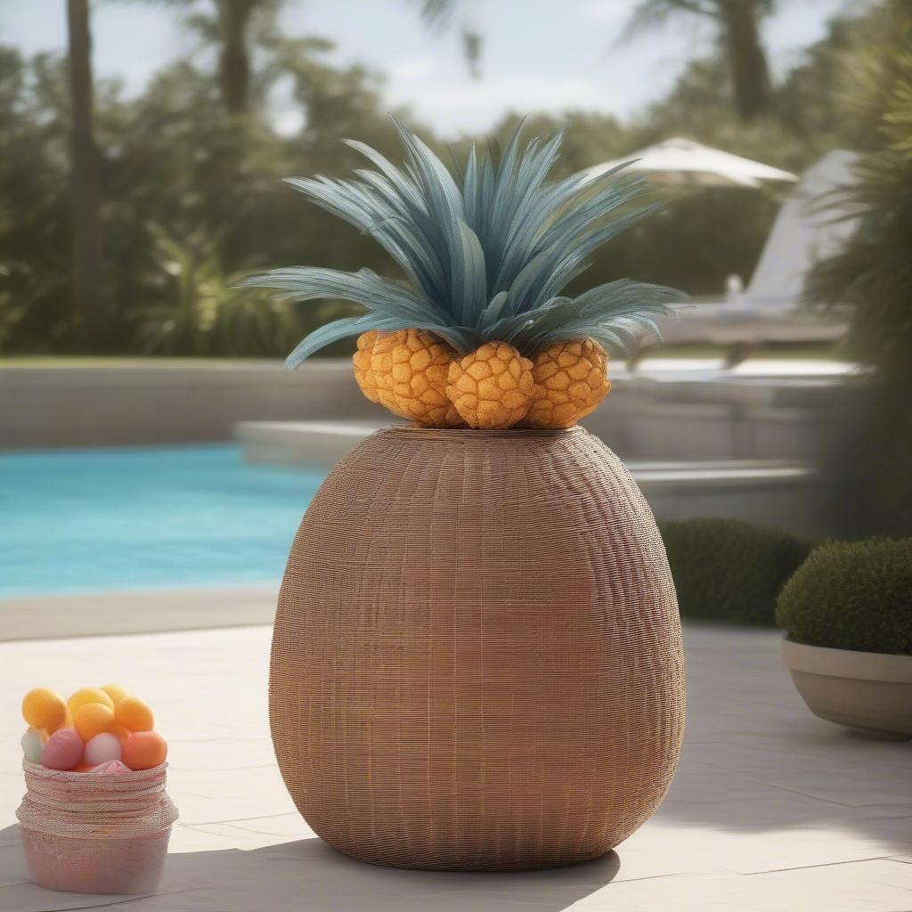 A wicker pineapple storage container filled with colorful pool floats beside a swimming pool.