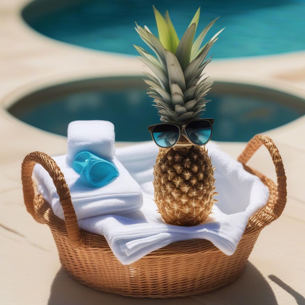 Wicker pineapple pool storage basket placed by the poolside, filled with towels and sunscreen.