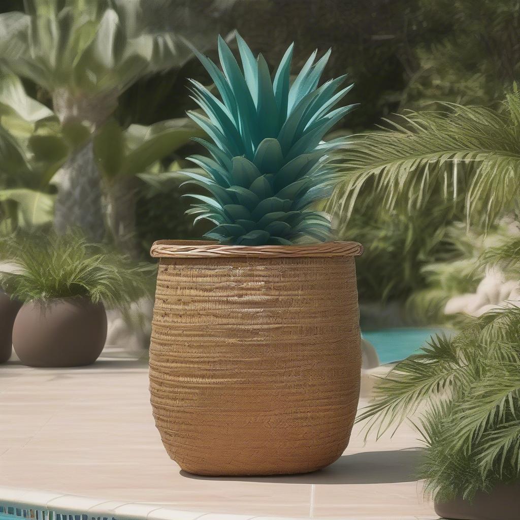 Wicker pineapple pool storage basket sitting by a sparkling blue pool, surrounded by lush greenery and colorful pool floats.