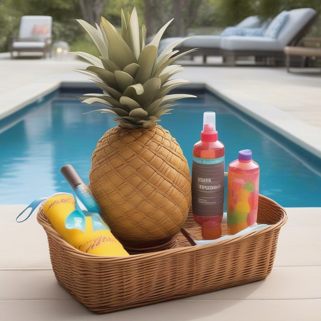 Wicker pineapple pool storage basket filled with various pool accessories, such as towels, sunscreen, and sunglasses, placed on a poolside patio.