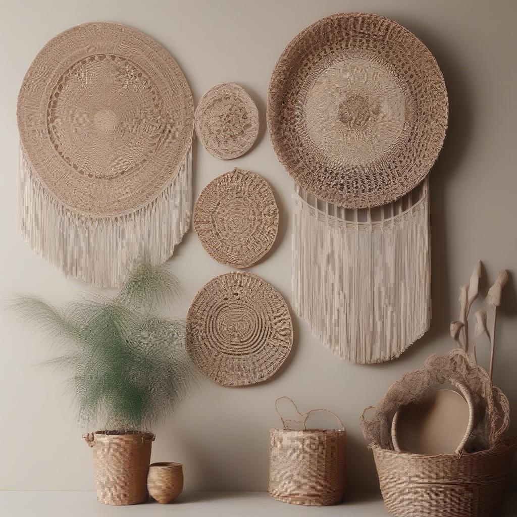 Wicker placemats combined with macrame wall hangings and fringed textiles for a bohemian vibe.