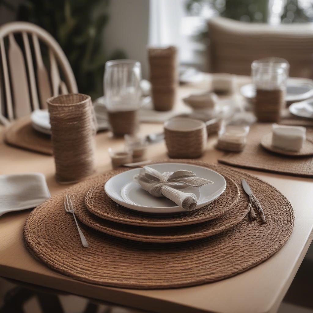 Wicker placemats and coasters on a beautifully set dining table