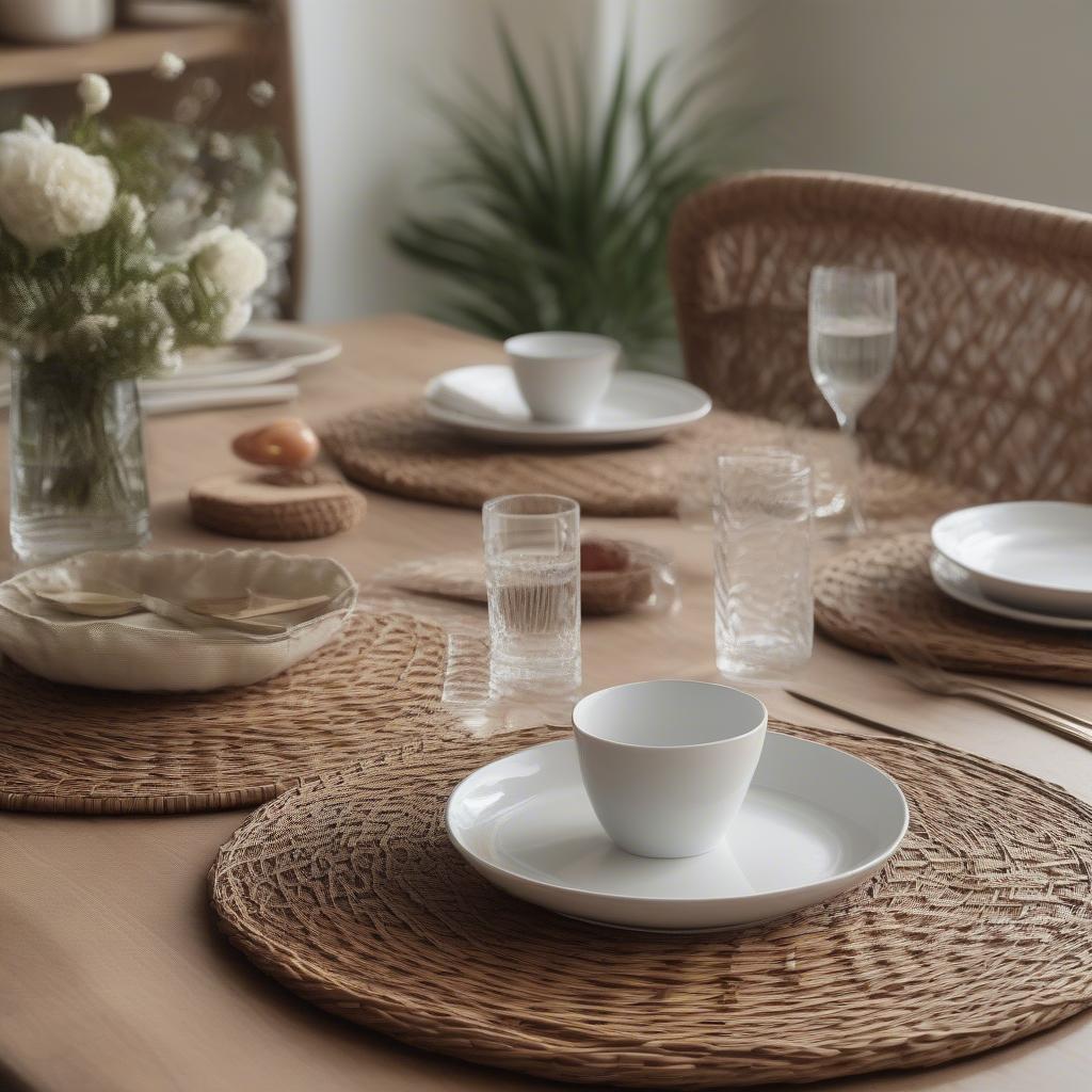 Wicker placemats bulk on a dining table