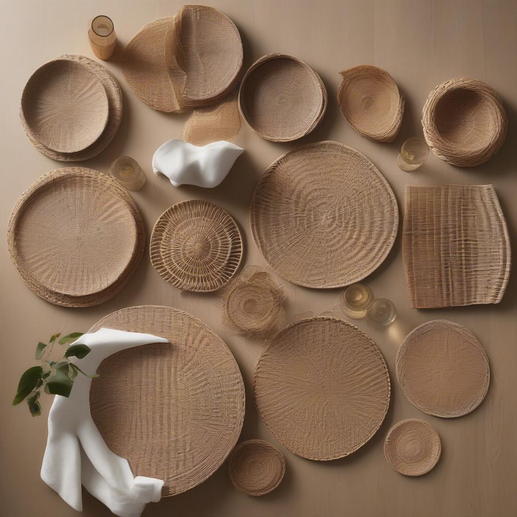 Variety of wicker placemats in different shapes, colors, and weaves