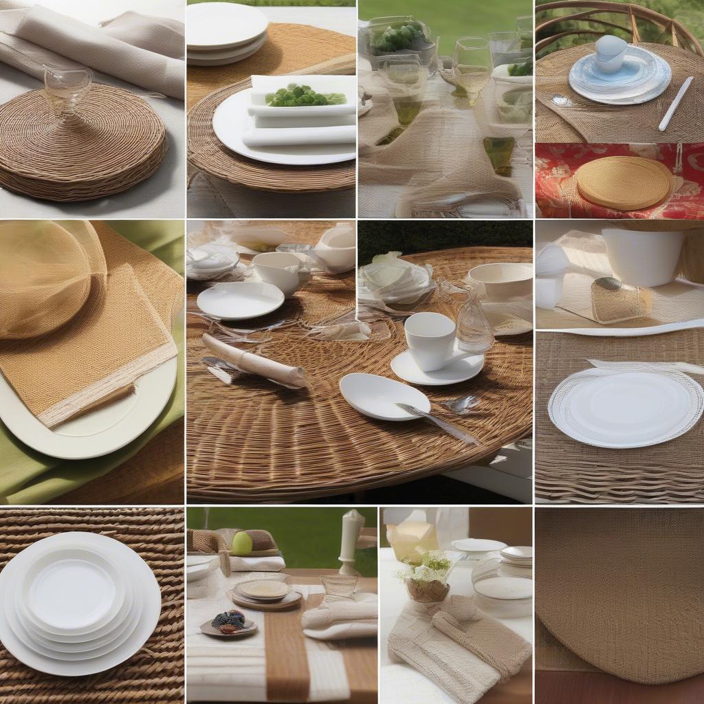 Wicker placemats used in a variety of table settings, from casual to formal.