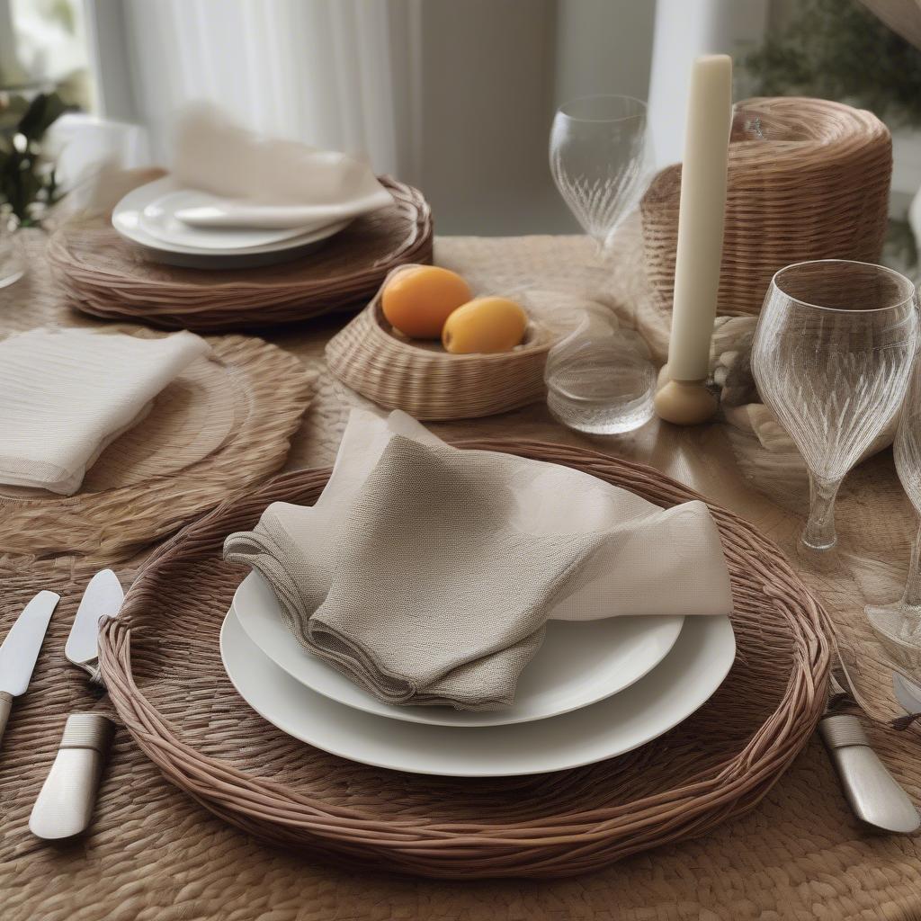 Wicker placemats enhance a dining table setting