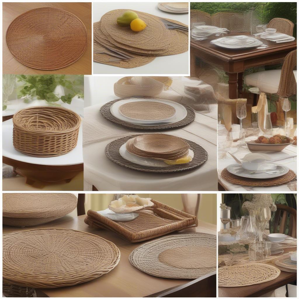 Wicker placemats used in a variety of dining table settings, showcasing different styles and color combinations.