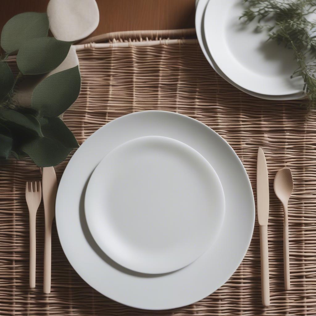 Wicker placemats on a modern dining table setting with white plates and greenery.