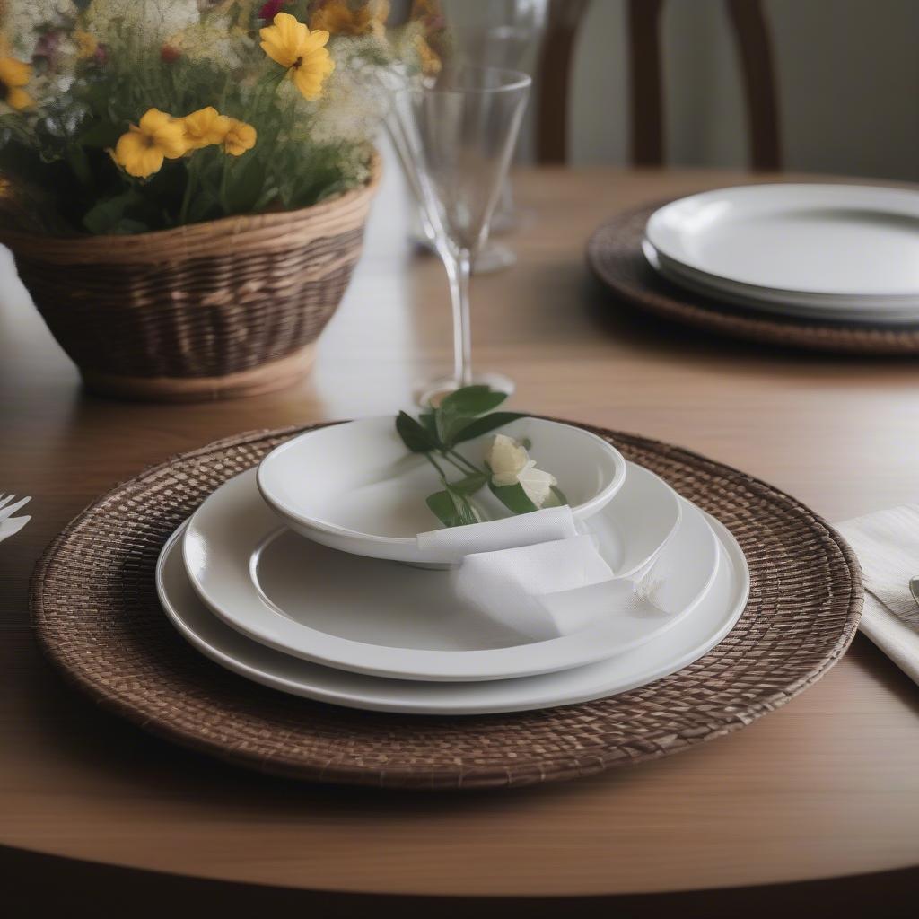 Wicker placemats add a touch of rustic charm to a dining table setting.