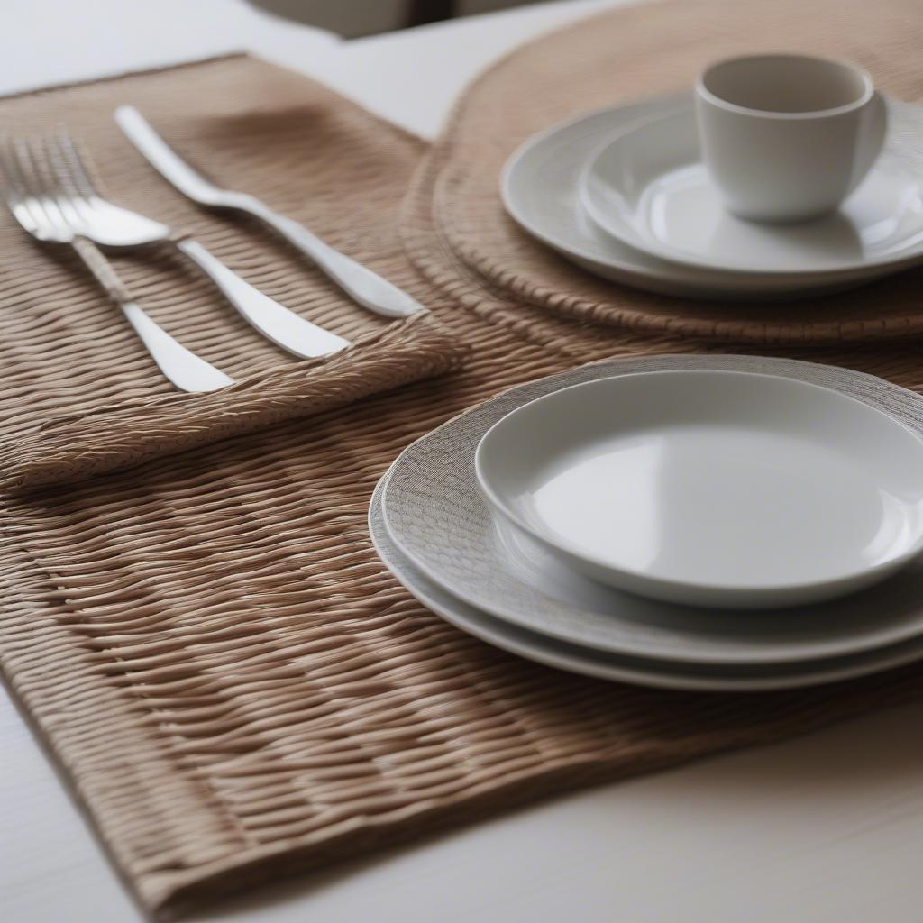 Wicker placemats rectangles 4 on a dining table, showcasing their natural texture and adding a rustic charm to the setting.