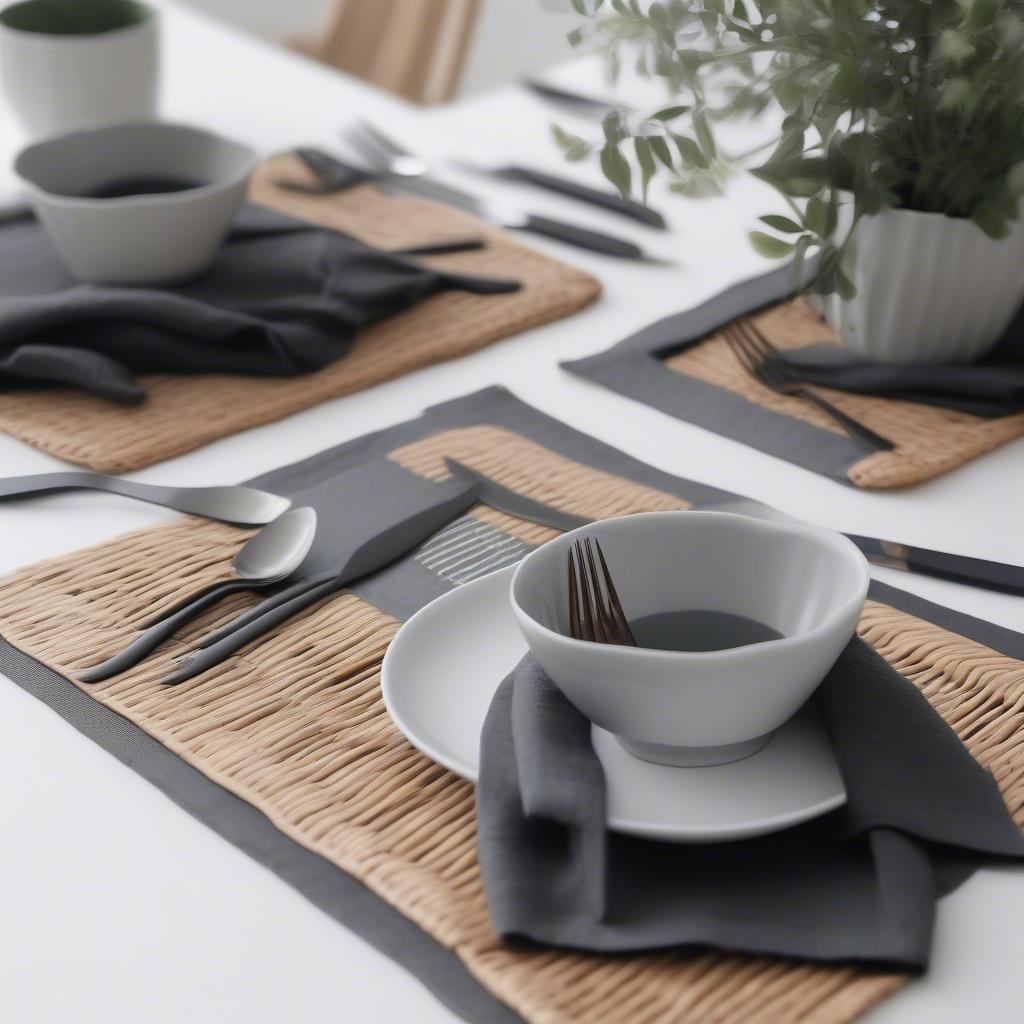 Wicker placemats rectangles 4 used in a modern table setting, showcasing their versatility and how they complement sleek tableware.