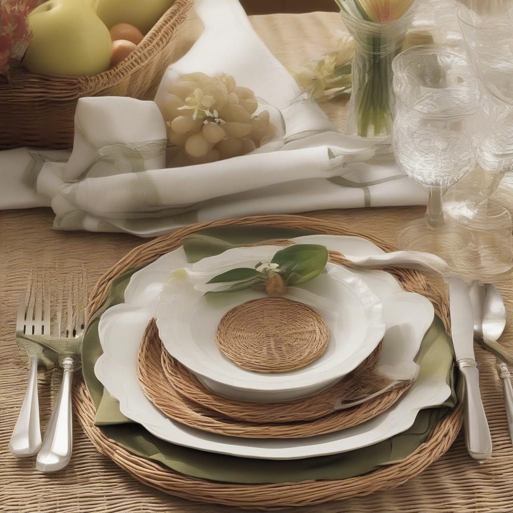 A beautifully set dining table featuring wicker placemats, showcasing their elegance and functionality.