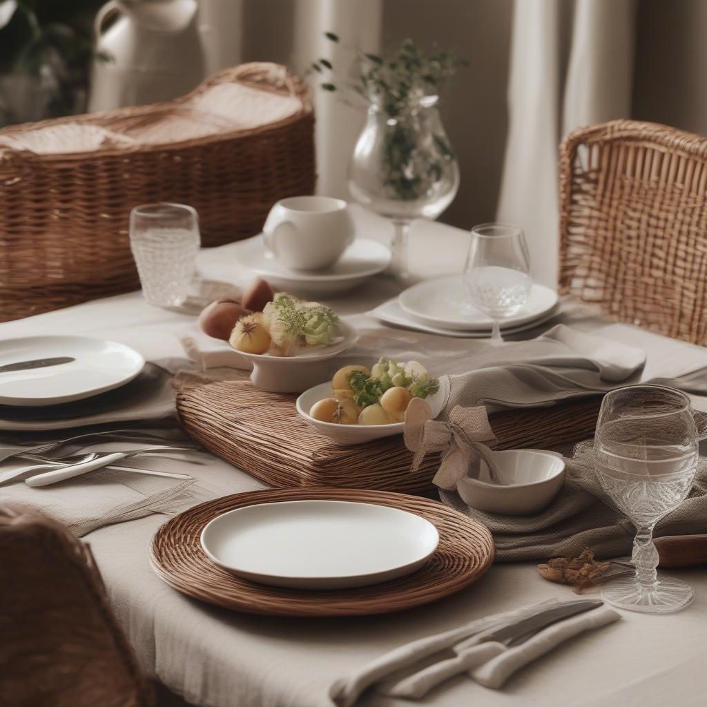 Wicker placemats used in a beautiful table setting.