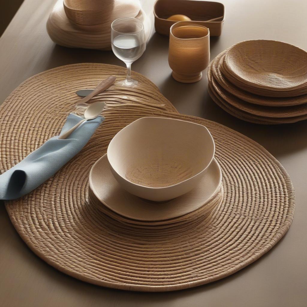 Various wicker placemats showcasing different shapes, sizes, and weaving patterns.