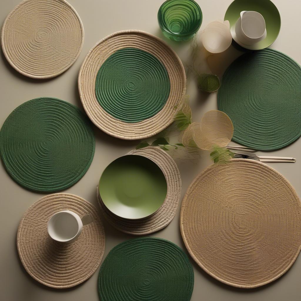 Various shades of green round wicker placemats displayed on a table.