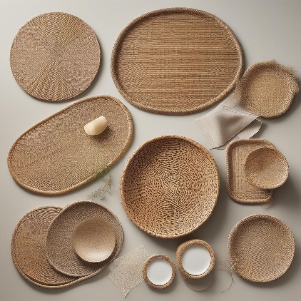 Different shapes and sizes of wicker placemats available, including round, square, and rectangular options.