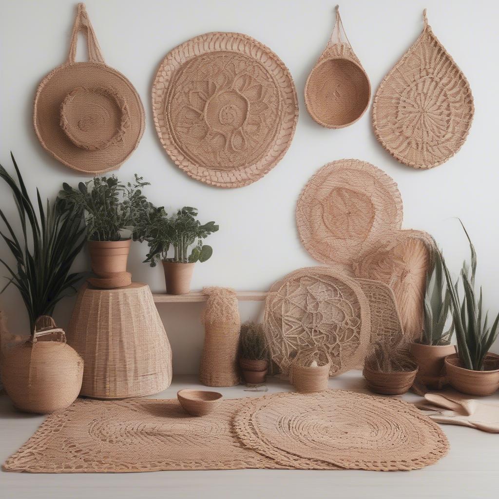 Wicker placemats arranged on a wall in a bohemian style room, adding texture and warmth.