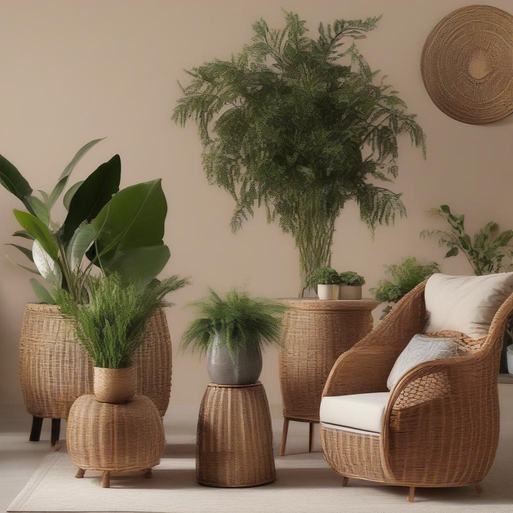 Wicker Plant Holders in Indoor and Outdoor Settings