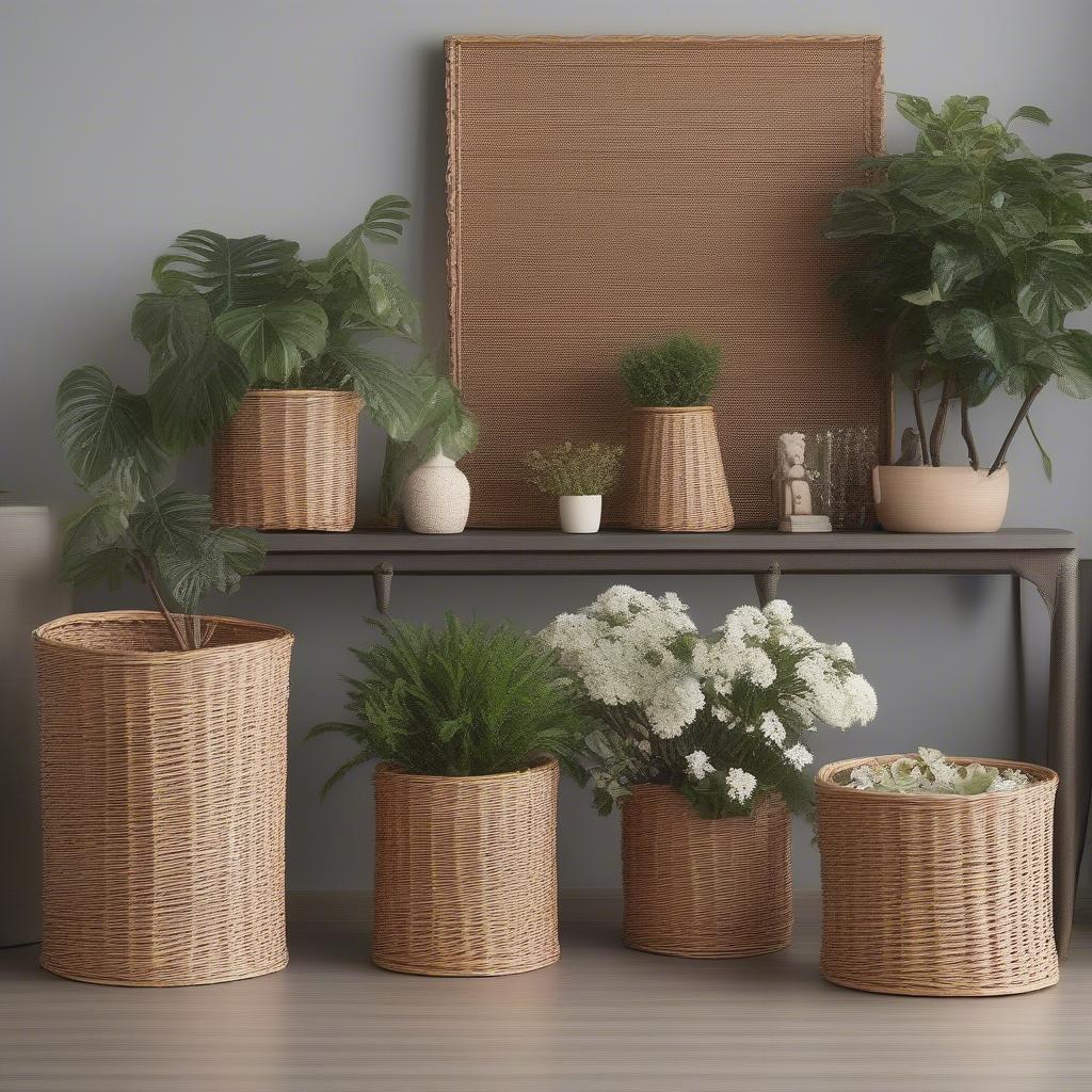 Different styling ideas using wicker plant holders in various home settings.