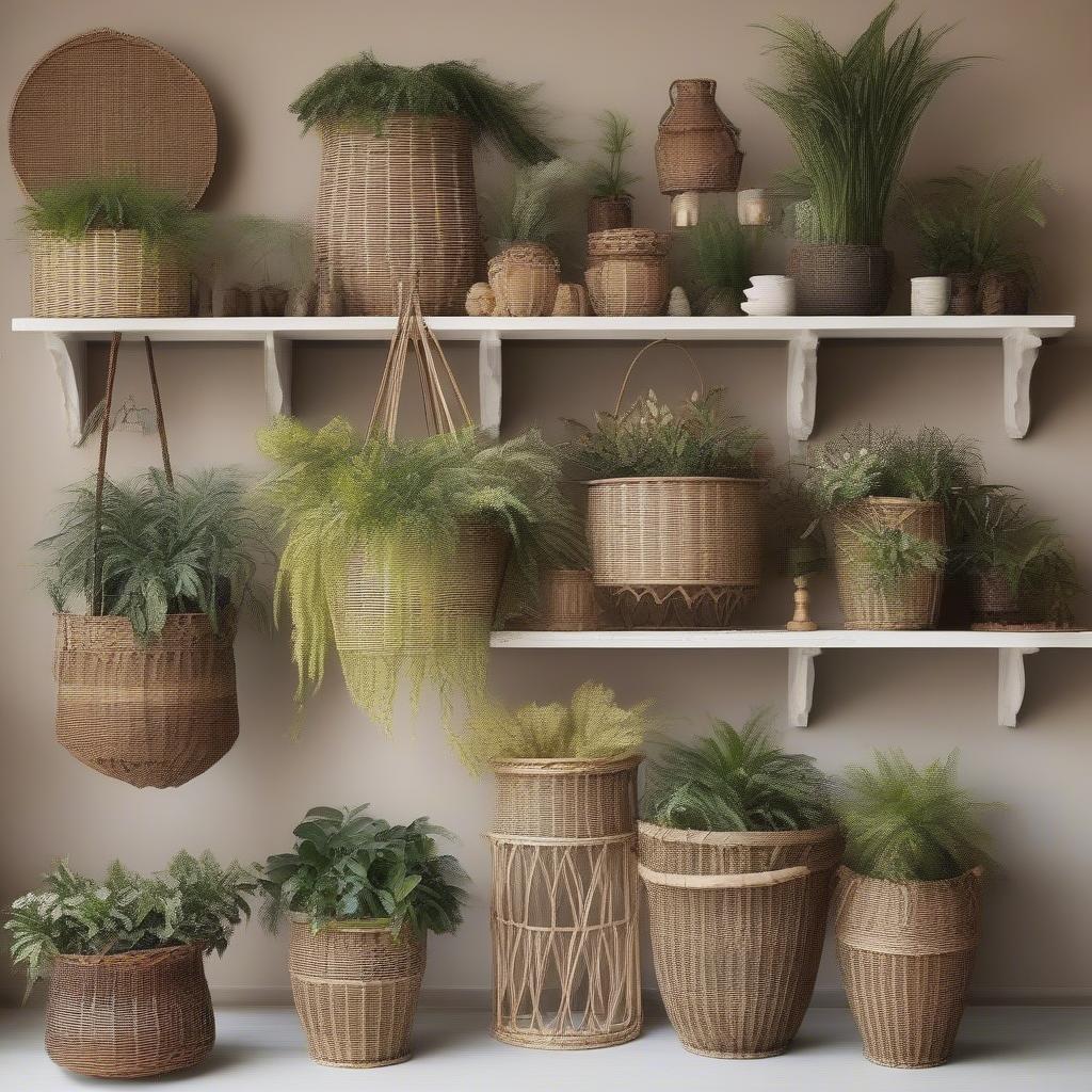 Various wicker plant holders displaying different sizes, shapes, and styles.