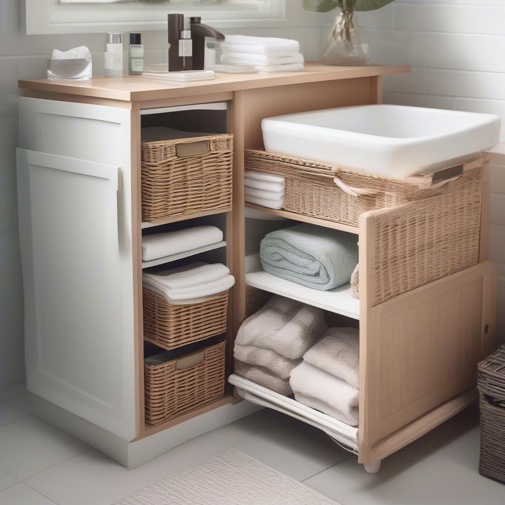 Wicker plastic storage drawers used under a bathroom sink for storing toiletries and towels.