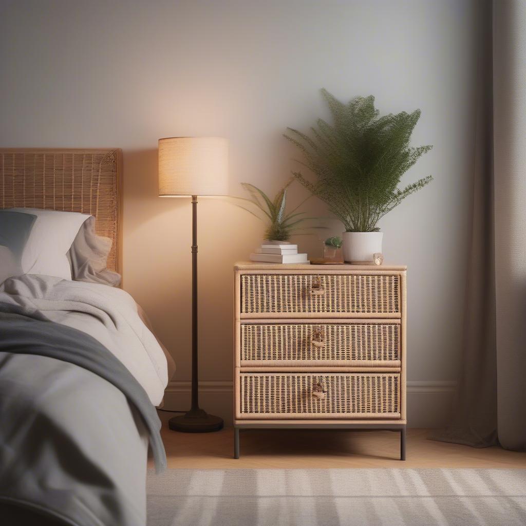 Wicker plastic storage drawers used as a bedside table in a cozy bedroom.