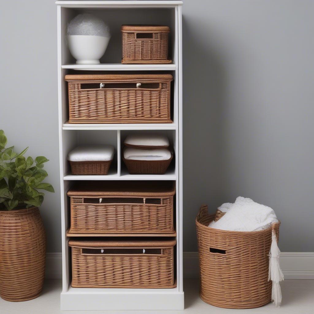 Various styles of wicker plastic storage drawers, showcasing different sizes, colors, and configurations