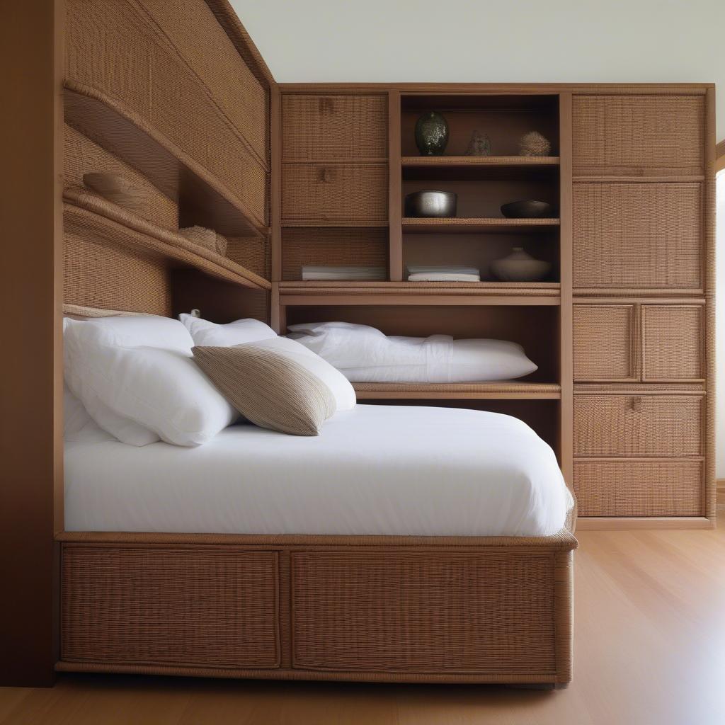 Wicker platform bed with built-in cabinet storage, perfect for maximizing space in a modern bedroom.