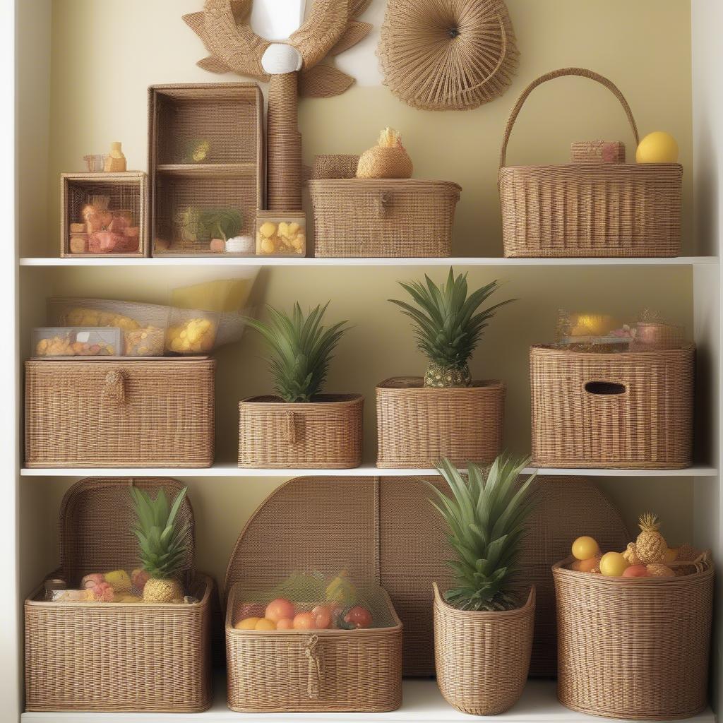 Various wicker pool float storage solutions, showcasing different sizes and styles, including a large wicker box, a dedicated float storage unit, and a wicker pineapple storage container.