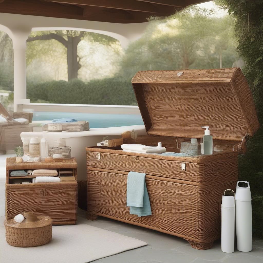 Various wicker storage solutions organized around a pool, showcasing different sizes and styles.