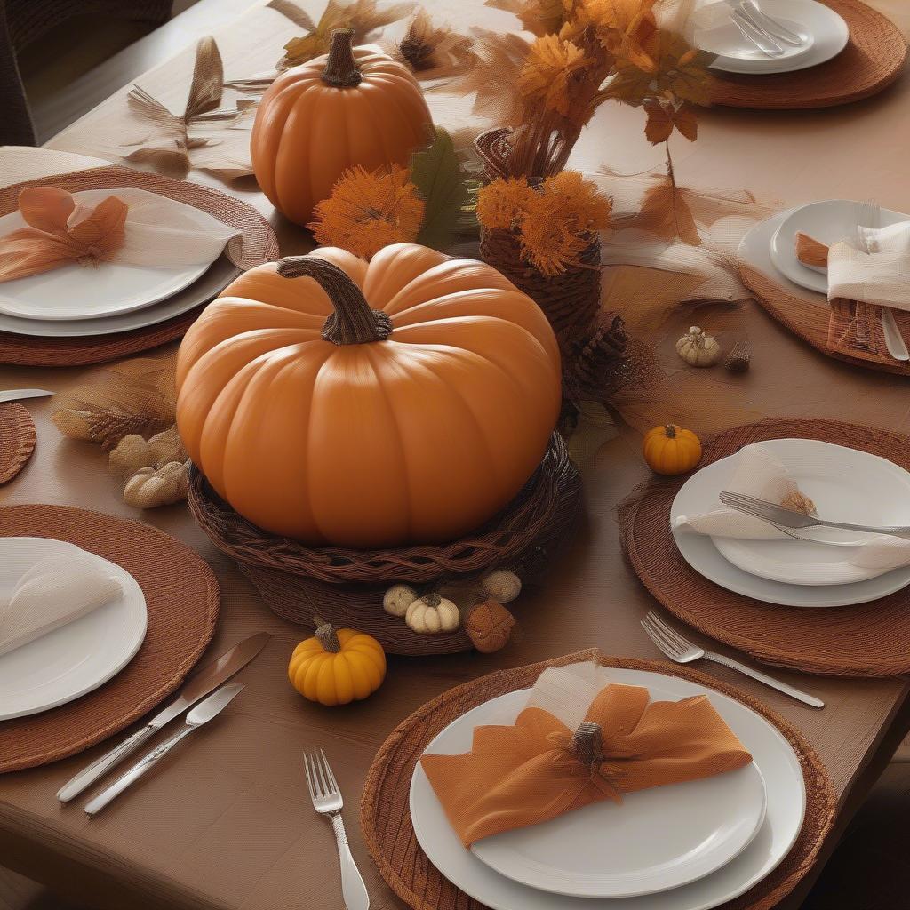 Autumn Table Setting with Wicker Pumpkin Placemats