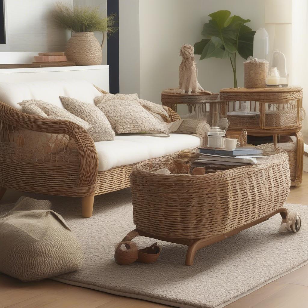 Wicker raft storage ideas for the living room, showcasing various sizes and styles, integrated seamlessly into a modern living space.