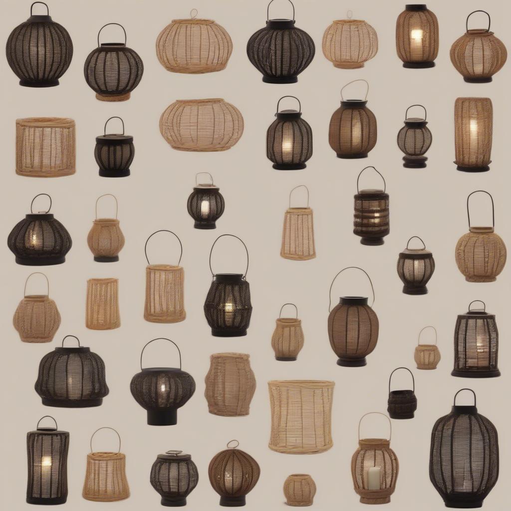 Variety of wicker, rattan, and bamboo lantern candle holders showcasing different shapes, sizes, and designs.