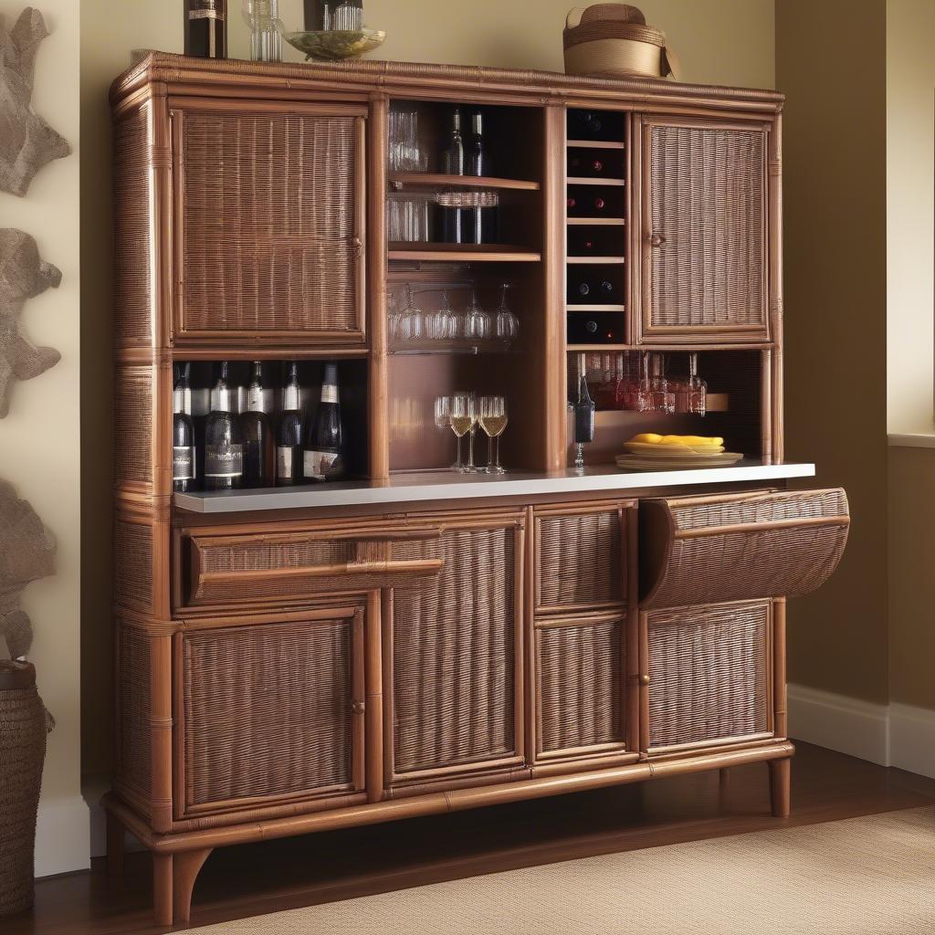 Different styles of wicker and rattan bar cabinets, showcasing variations in size, design, and features.