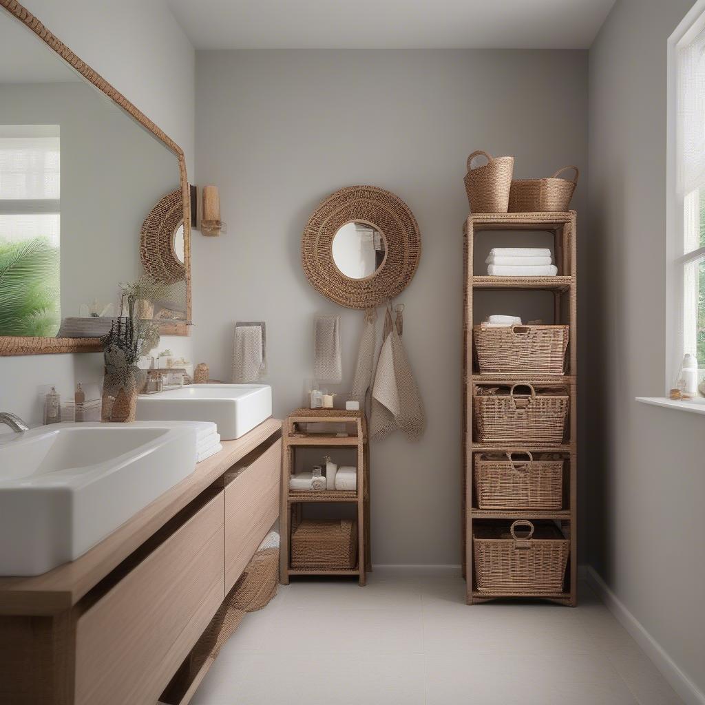 Wicker rattan bathroom storage ideas showcasing various baskets, hampers, and organizers in a modern bathroom setting.