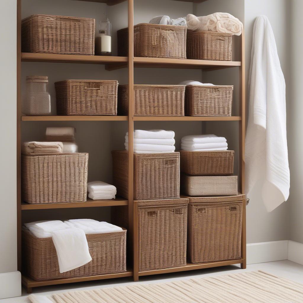 Different sizes of wicker rattan bathroom storage, from small baskets to large hampers.