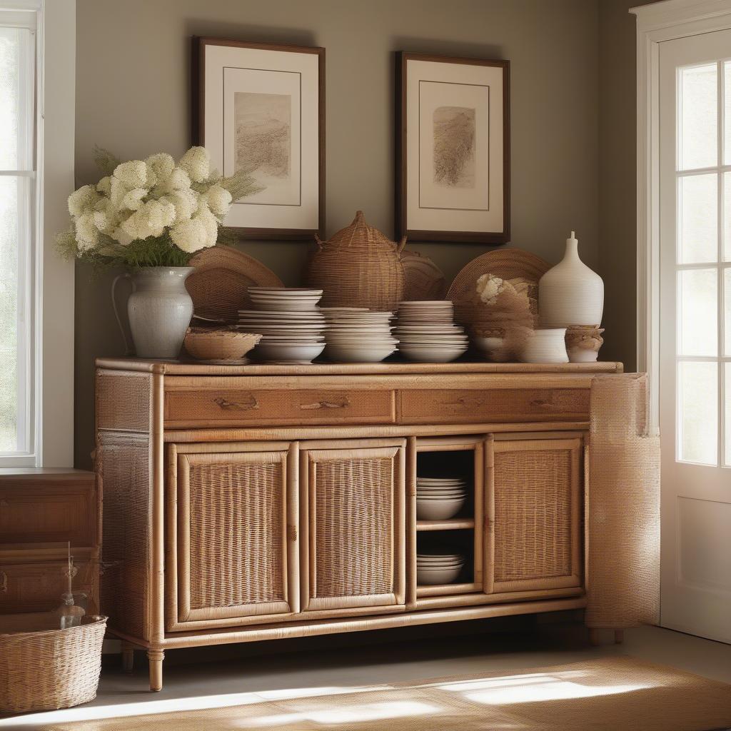 Wicker rattan buffet cabinet in a bright, airy dining room setting, showcasing its natural beauty and functionality.