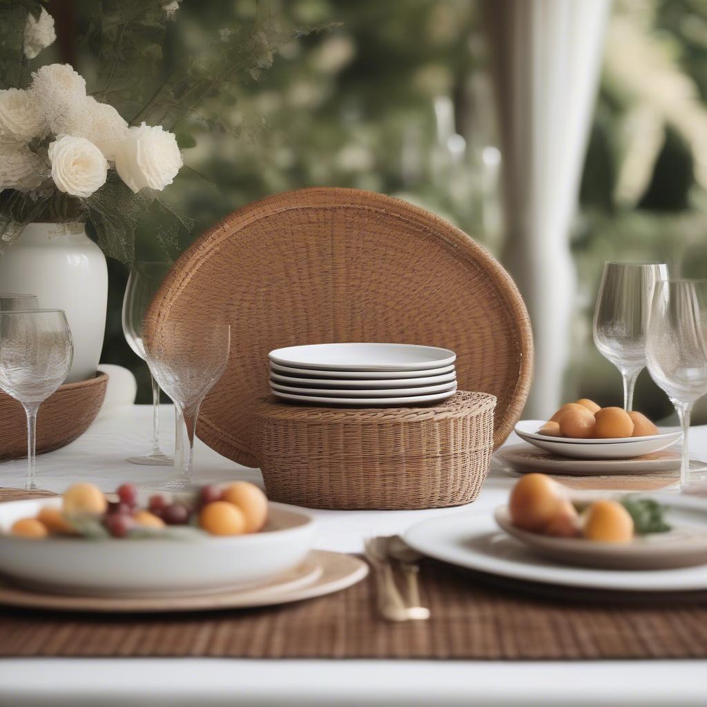 Wicker rattan buffet table styled for entertaining, featuring tableware and decorative accents.