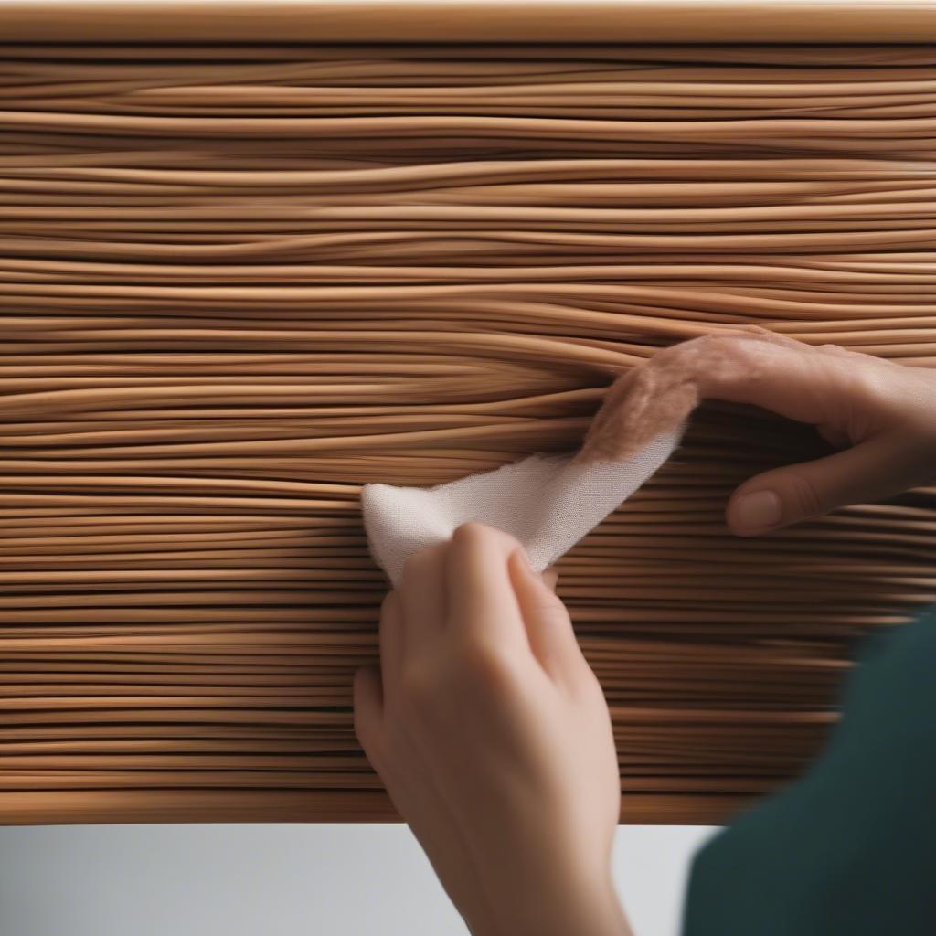 Wicker and Rattan Cabinet Care: Demonstrating proper cleaning and maintenance techniques for a wicker cabinet, using a soft cloth and mild soap and water solution.