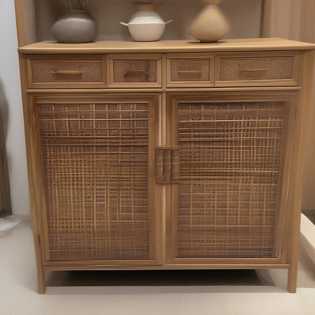 Wicker and Rattan Cabinet Grand: A stunning example of a large, intricately woven cabinet made from natural rattan, showcasing the beauty and craftsmanship of these materials.