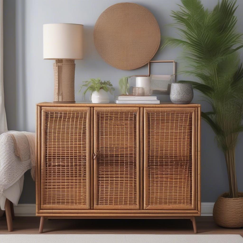 Wicker Rattan Cabinet in a Living Room Setting