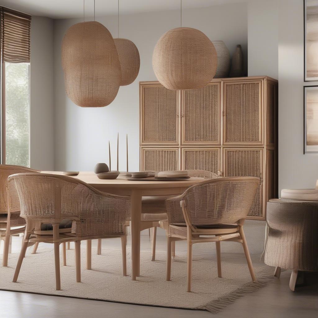 A modern dining room featuring a stylish wicker rattan cabinet.